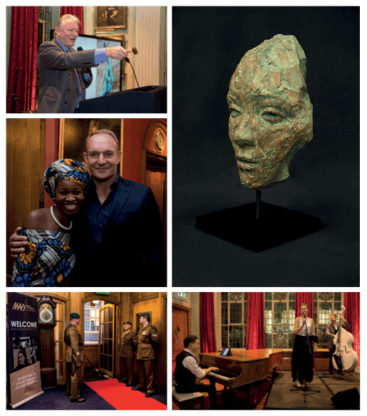 CLOCKWISE FROM BOTTOM LEFT: Painters’ Hall entrance where guests were welcomed by members of the 3MI (Military Intelligence). Founding Chairman, Francois Pienaar and MAD Leadership Foundation 2017 Benefit Auction scholar attendee, Nqobile. Nick Bonham, UK Benefit Auction 2017 Auctioneer. Lionel Smit, Origins Broken Fragment, available at 2018 event. Milly and the Mavericks performed at the inaugeral event, 2017.