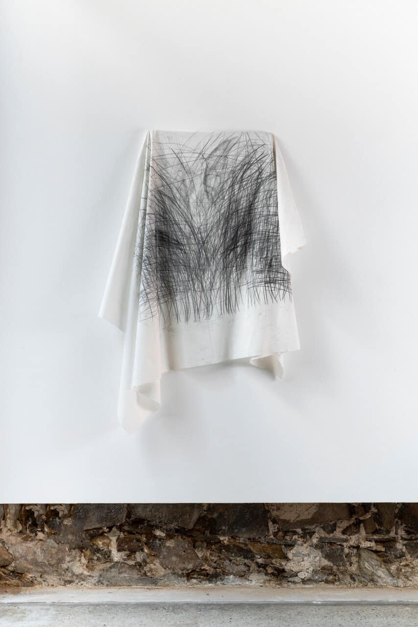 Katherine Bull, Draped Drawing, 2018. Graphite on cotton, 100 x 55cm.
