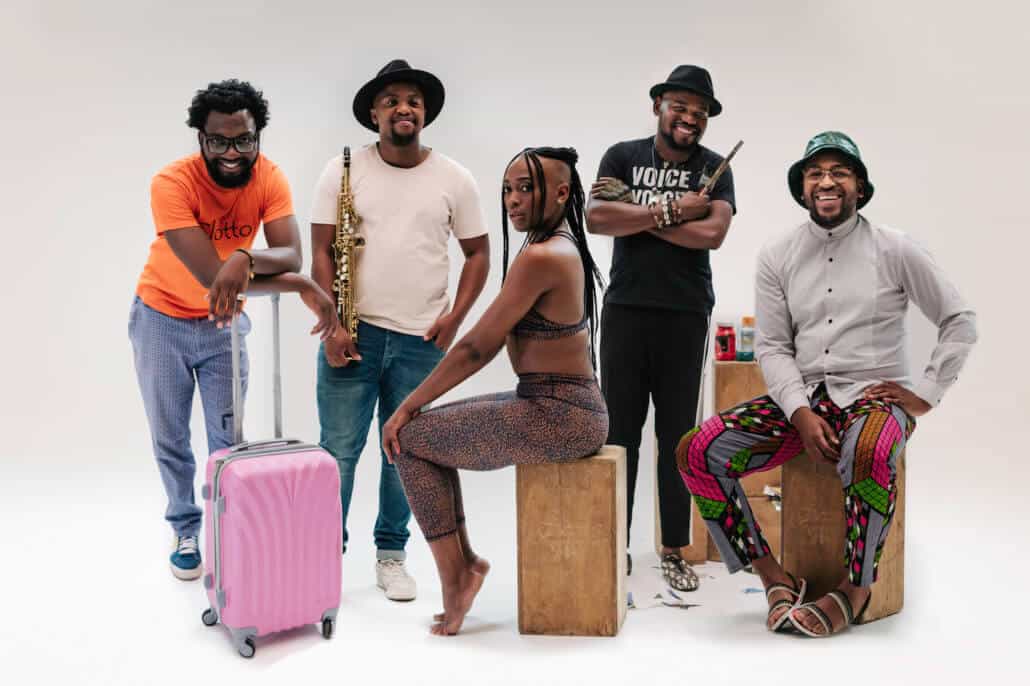 The 2020 Standard Bank Young Artists (left to right) Jefferson Tshabalala (Theatre), Sisonke Xonti (Jazz), Lulu Mlangeni (Dance), Blessing Ngobeni (Visual Art) and Nthatho Mokgata (Music)