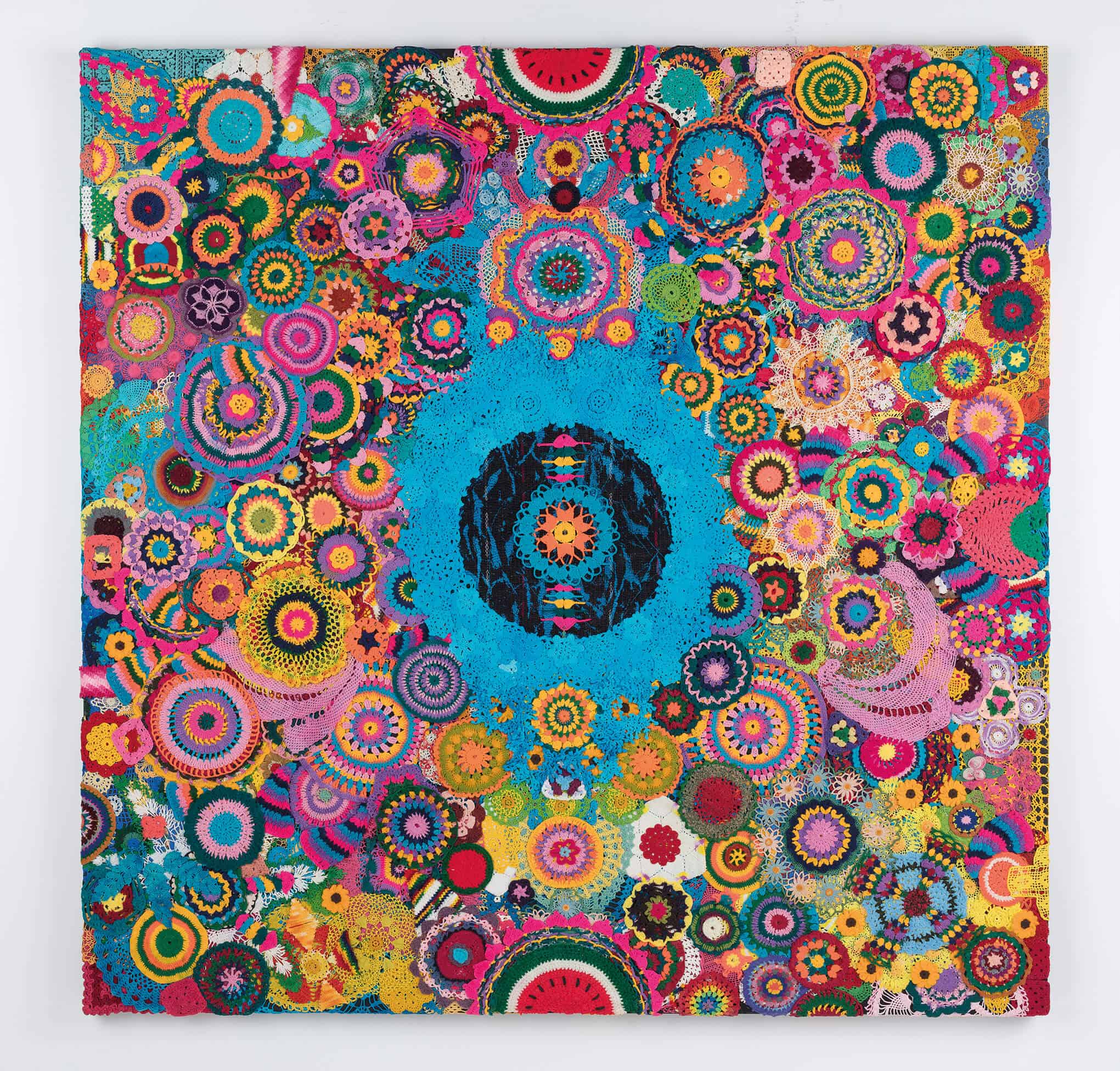 Zak Ové, Earth, 2017, Crochet doilies, 190 x 190 cm, Courtesy Lawrie Shabibi and the artist