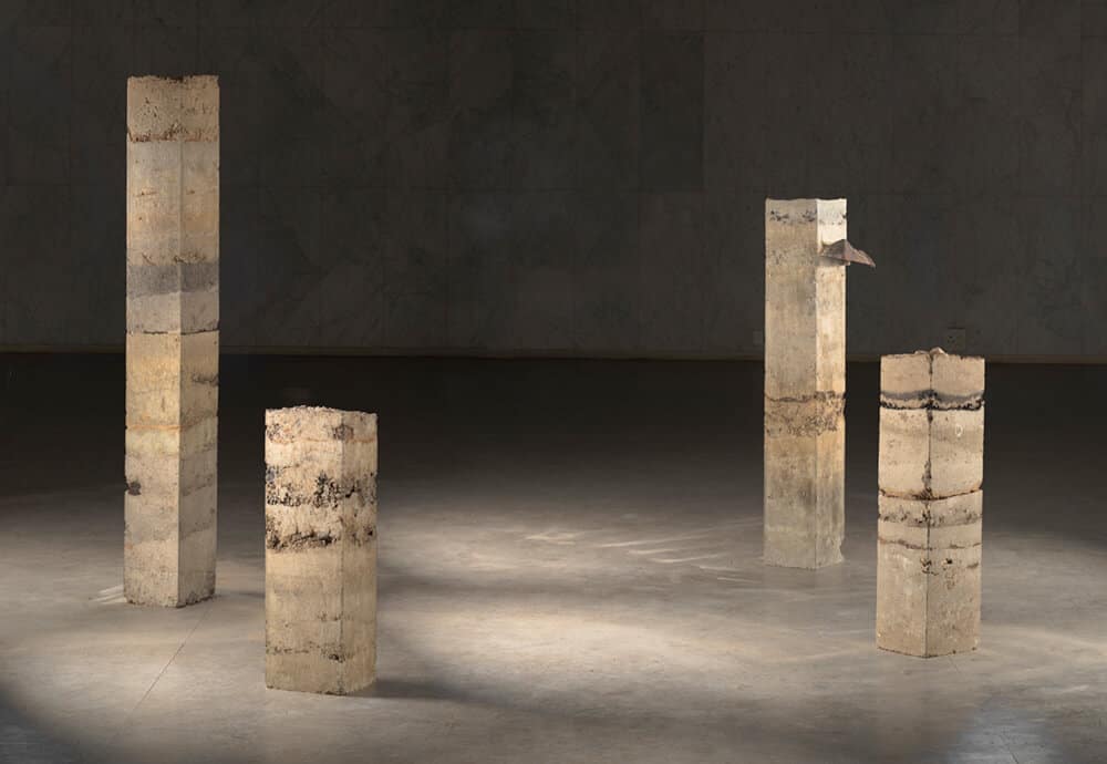 Overall Winner: Jessica Storm Kapp (University of Stellenbosch), Mapping Time. Rammed earth columns and embedded object. Installation: 150 x 250 x 250cm.