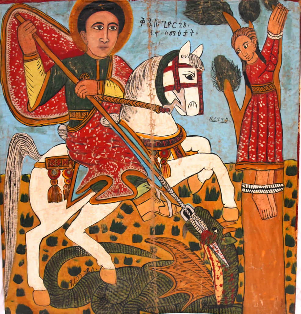 Salih Mashamoun, St George slaying the dragon, 1975. Pigment on paper. All images are courtesy of the National Museums of Kenya.