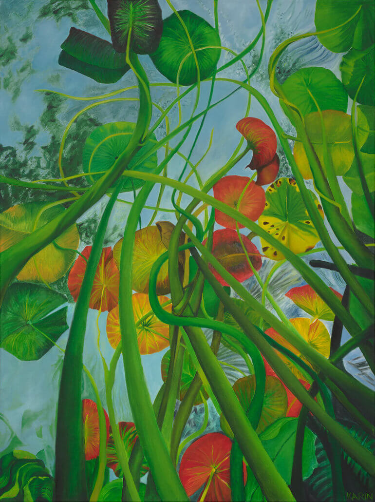 Karin Mathebula, Lillies from below, 2020. Oil on canvas, 102 x 77cm. Courtesy of Absa Gallery.